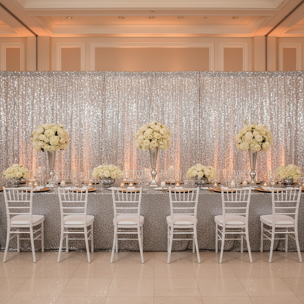 Large Payette Sequin 14ft H x 52" W Drape/Backdrop panel - Silver for anniversary celebration