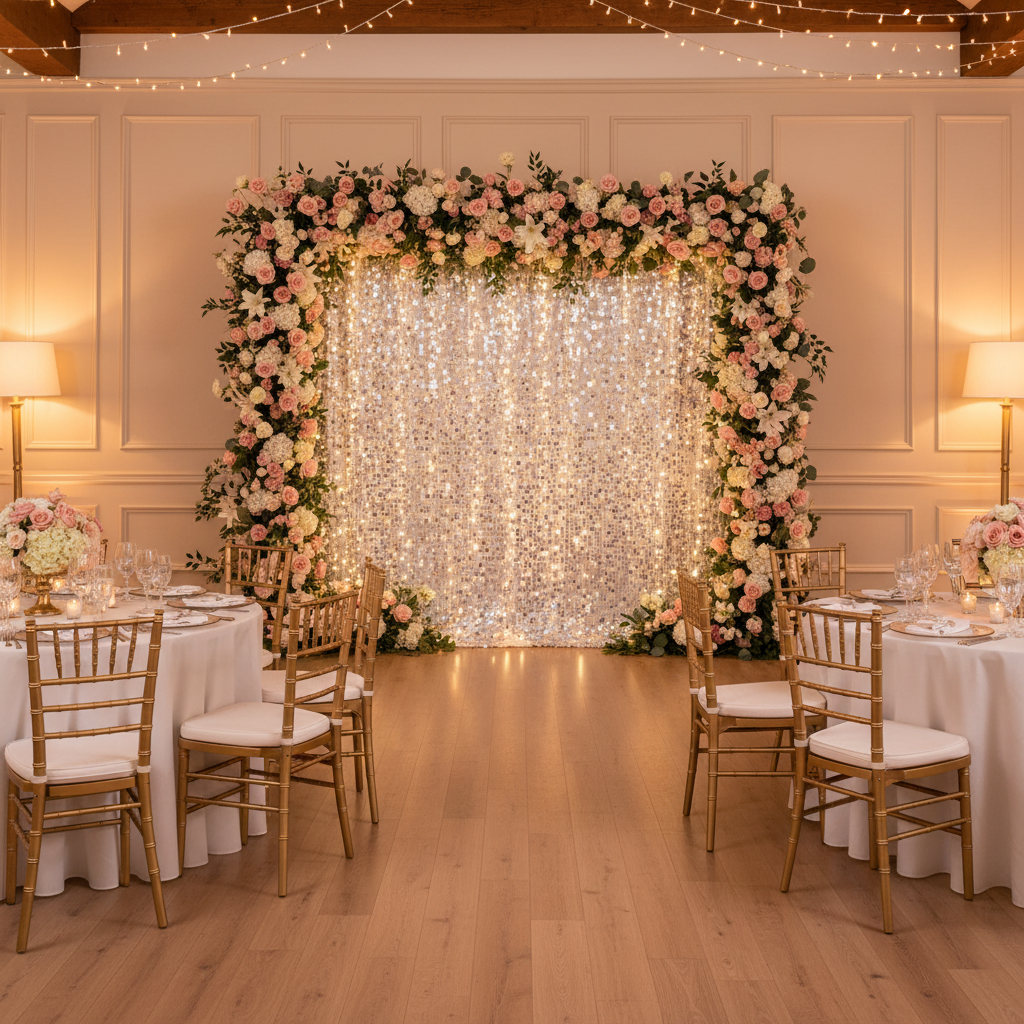 Large Payette Sequin 14ft H x 52" W Drape/Backdrop panel - Silver with floral backdrop used in wedding reception