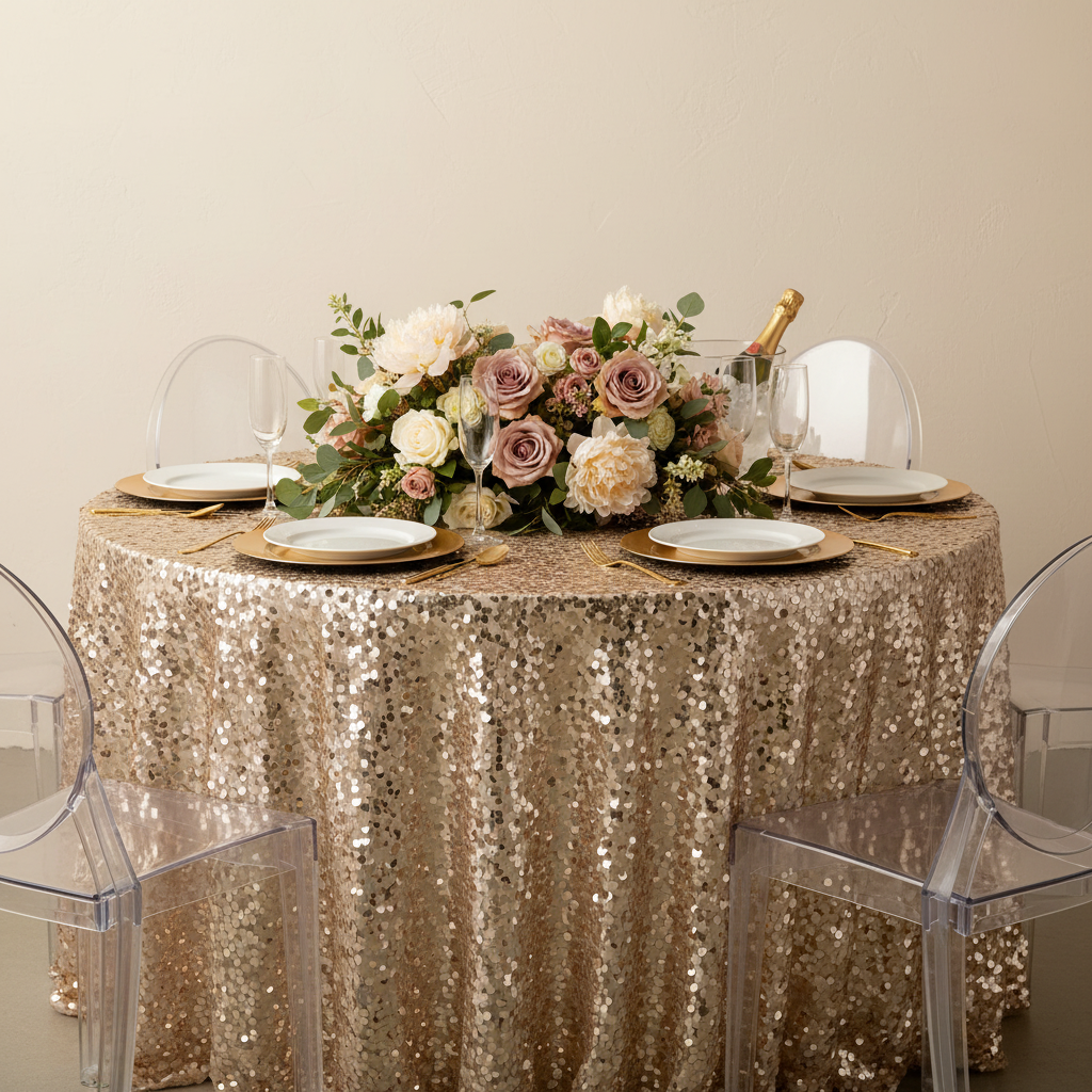Large Payette Sequin Round 120" Tablecloth - Champagne with gold charger plate | white dinner plate | wine goblets | flower premade runner