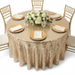 Large Payette Sequin Round 120" Tablecloth - Champagne with gold charger plate | white napkin | wine goblets | flower premade runner | gold chiavari chair