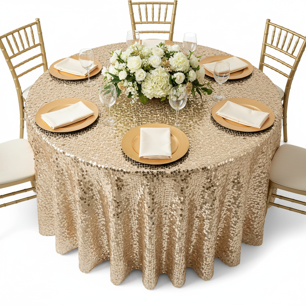 Large Payette Sequin Round 120" Tablecloth - Champagne with gold charger plate | white napkin | wine goblets | flower premade runner | gold chiavari chair