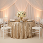 Large Payette Sequin Round 120" Tablecloth - Champagne with gold charger plate | white napkin | wine goblets | flower centerpiece | gold chiavari chair