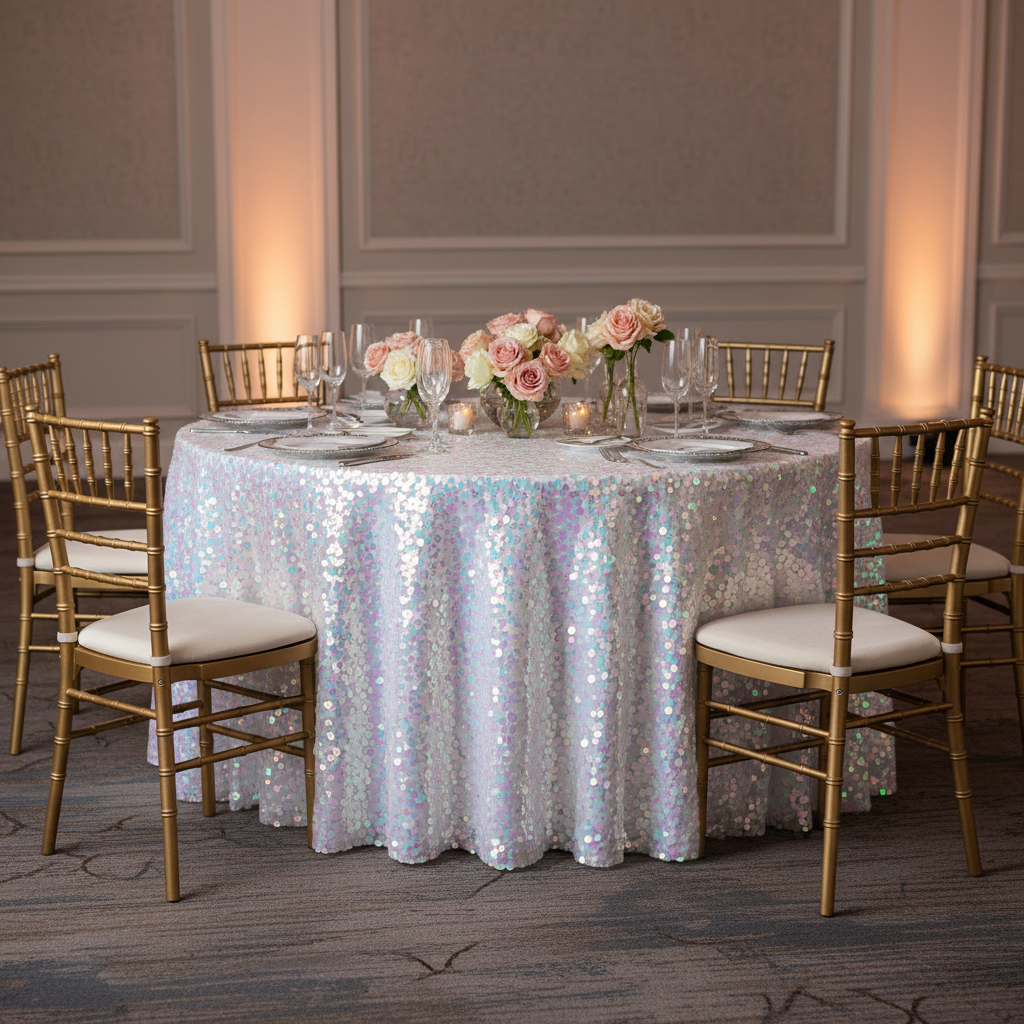 Large Payette Sequin Round 120" Tablecloth - Iridescent White