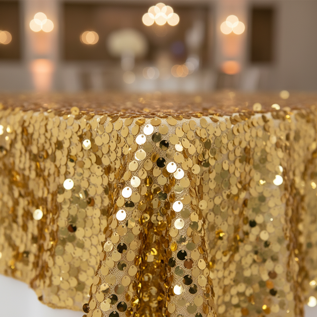 Large Payette Sequin Table Overlay Topper 90"x90" Square - Gold close up detail