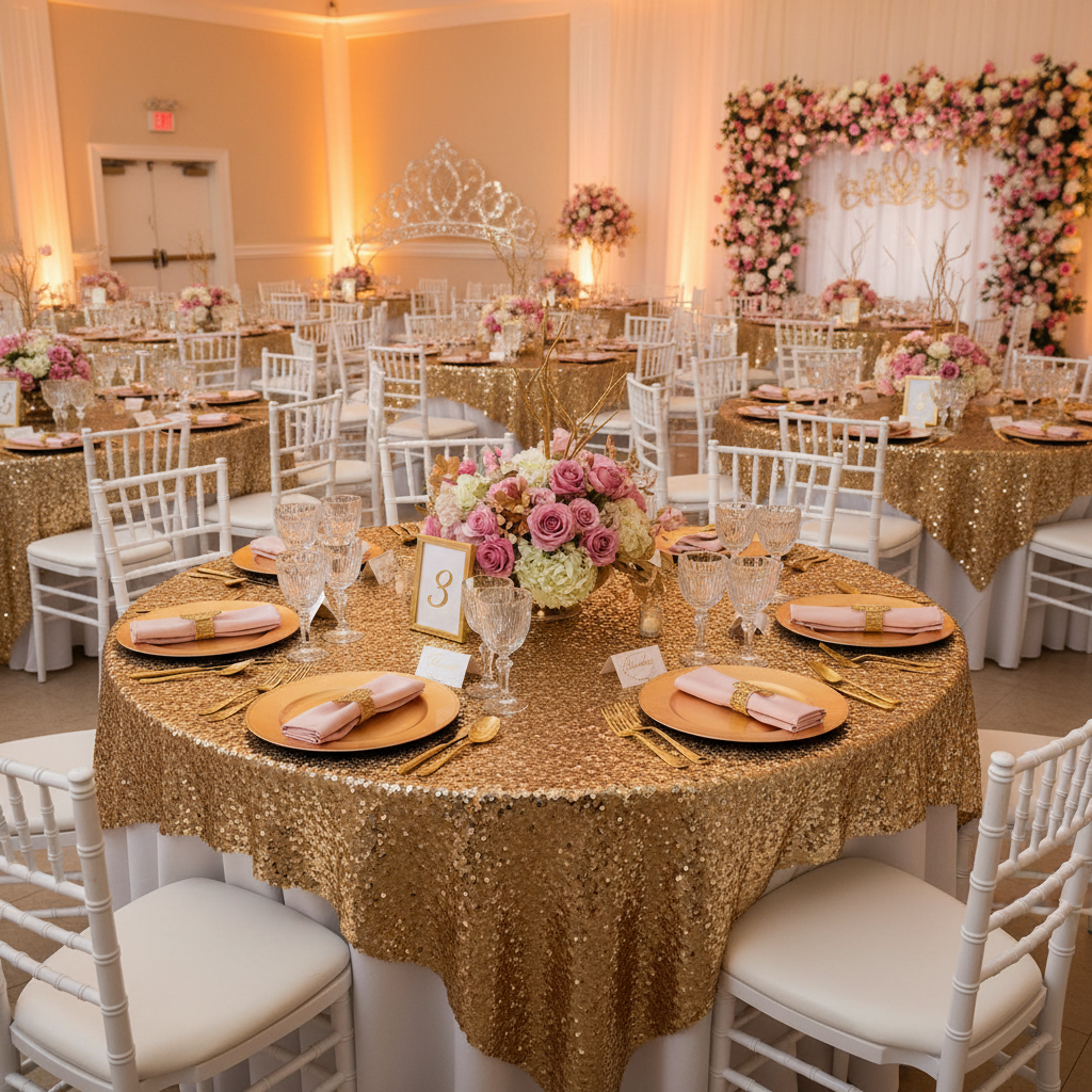 Large Payette Sequin Table Overlay Topper 90"x90" Square - Gold | tablecloth | charger plate | napkin | wine goblets | 