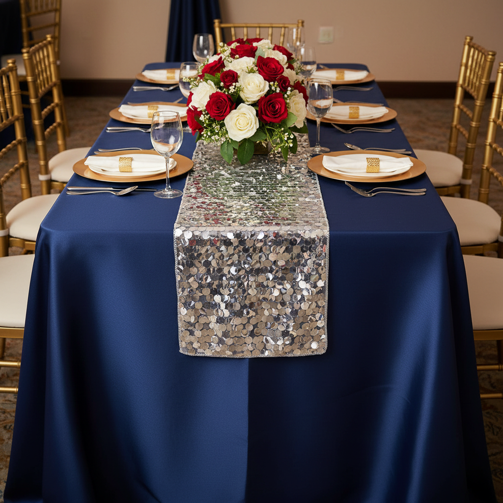 Large Payette Sequin Table Runner - Silver for anniversary setup with navy blue tablecloth | gold charger plate | white dinner plate | gold chiavari chair 