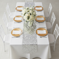Large Payette Sequin Table Runner - Silver for anniversary setup with white tablecloth | gold charger plate | white napkin| white chiavari chair 