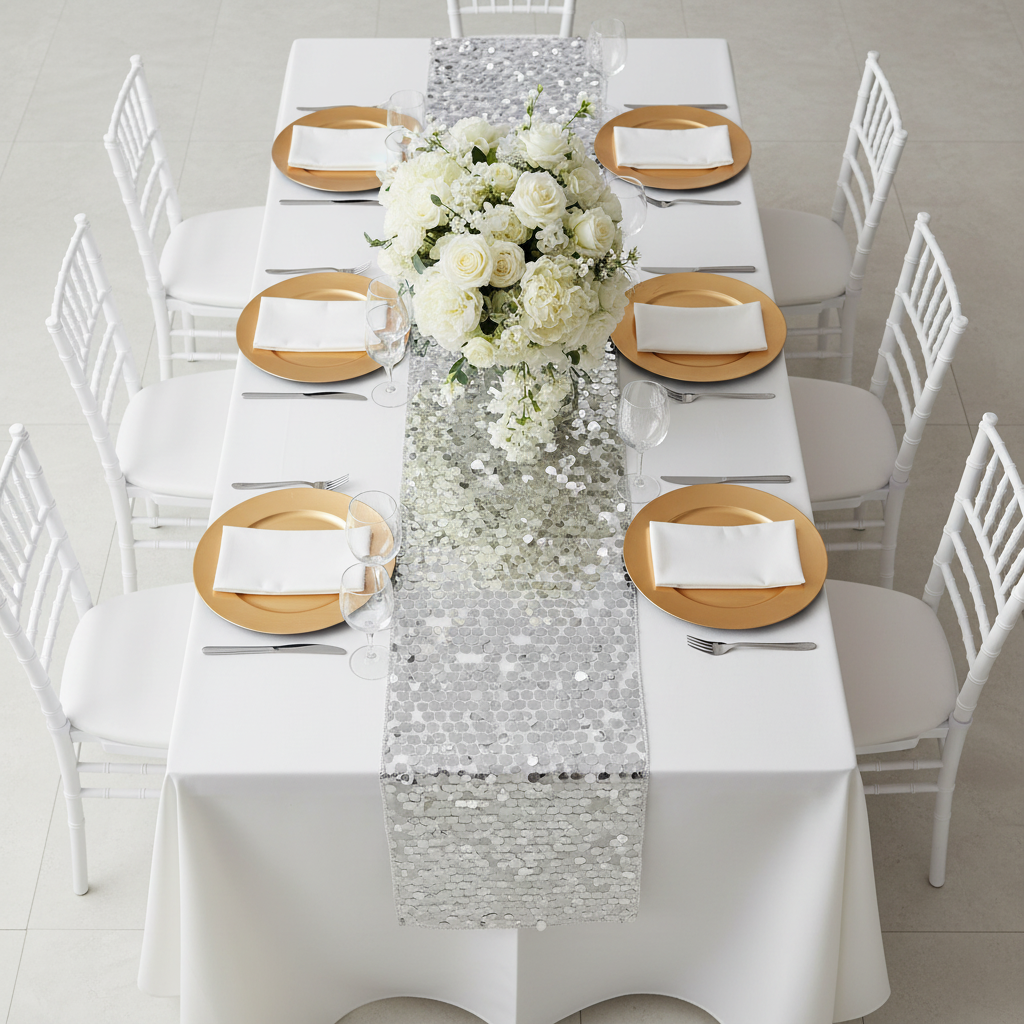 Large Payette Sequin Table Runner - Silver for anniversary setup with white tablecloth | gold charger plate | white napkin| white chiavari chair 