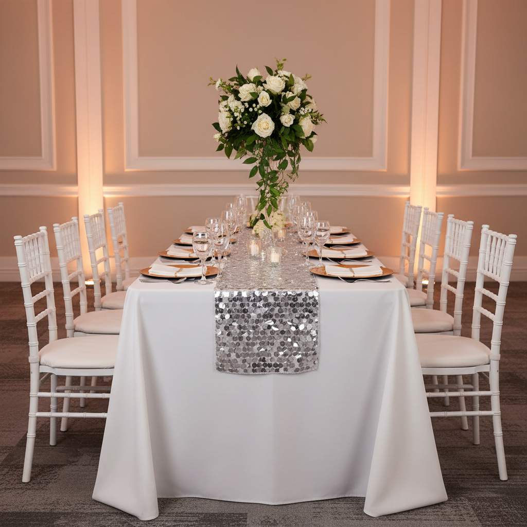 Large Payette Sequin Table Runner - Silver for anniversary setup with white tablecloth | gold charger plate | white napkin| white chiavari chair 