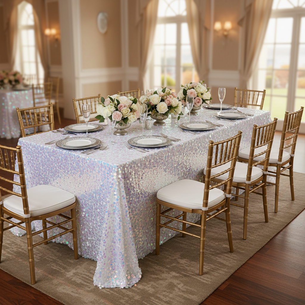 Large Payette Sequin Tablecloth 90"x132" Rectangular - Iridescent White