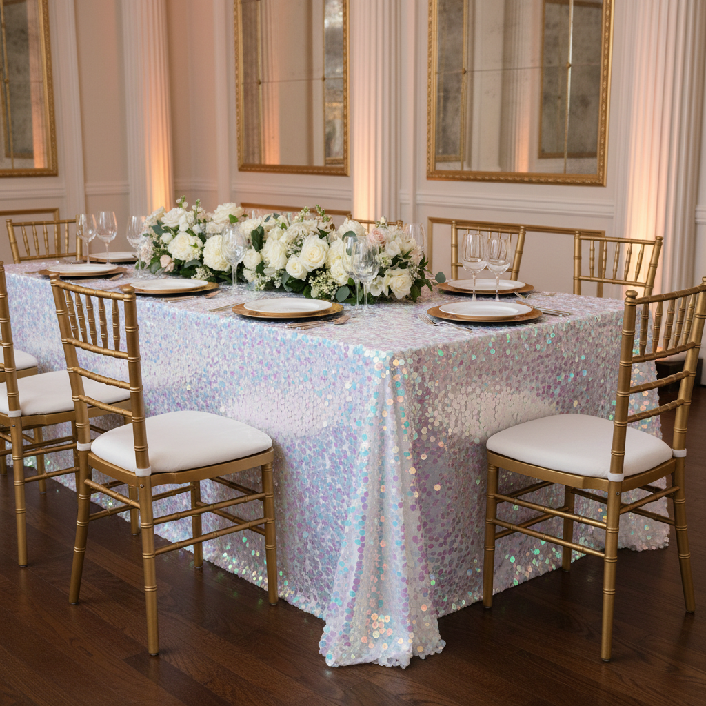 Large Payette Sequin Tablecloth 90"x132" Rectangular - Iridescent White