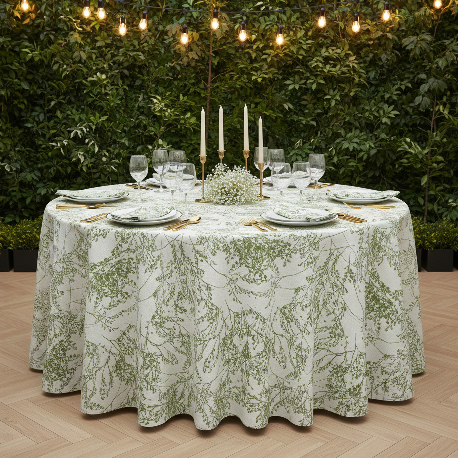 Leaf Branch Jacquard Tablecloth 120" Round - Reversed Olive Green Outdoor setting