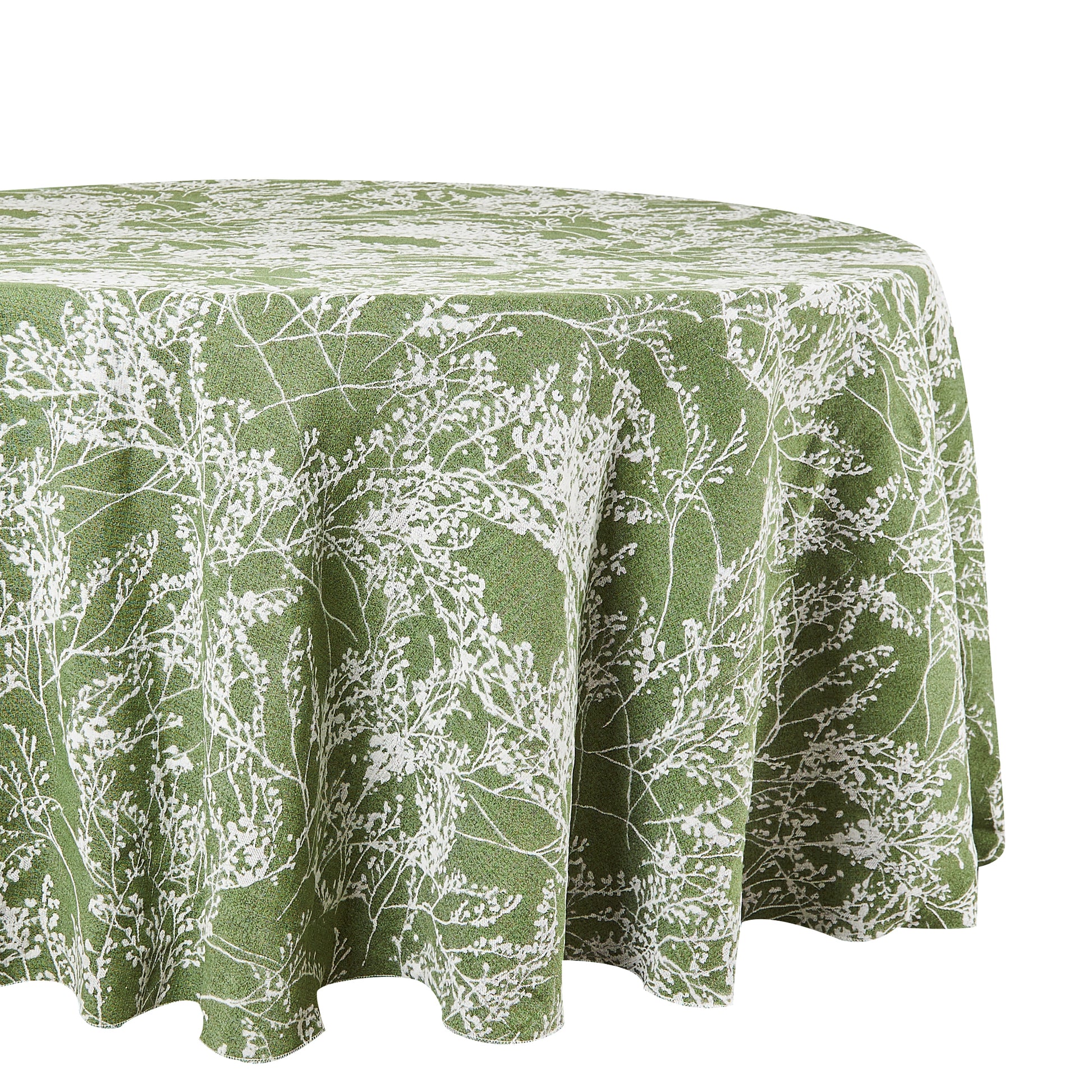 Leaf Branch Jacquard Tablecloth 132" Round - Olive Green Close Up