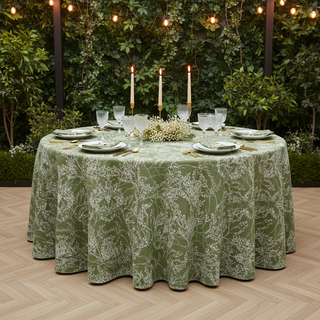 Leaf Branch Jacquard Tablecloth 120" Round - Olive Green Outdoor setting