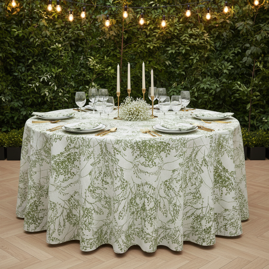 Leaf Branch Jacquard Tablecloth 132" Round - Reversed Olive Green Outdoor setting
