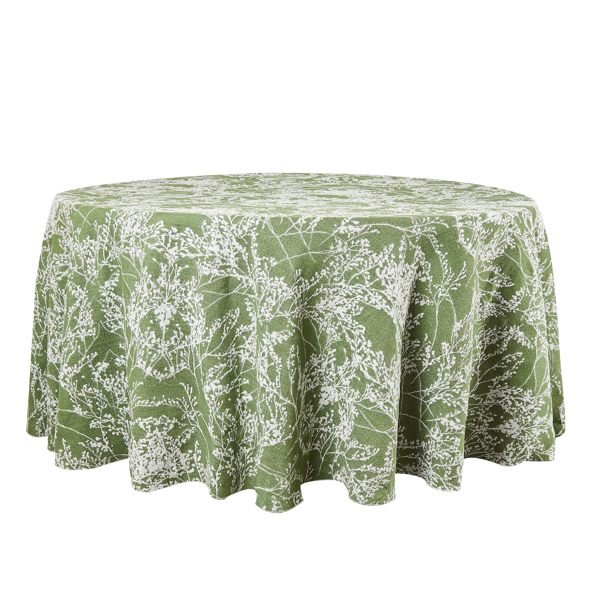 Leaf Branch Jacquard Tablecloth 132" Round - Olive Green White Background