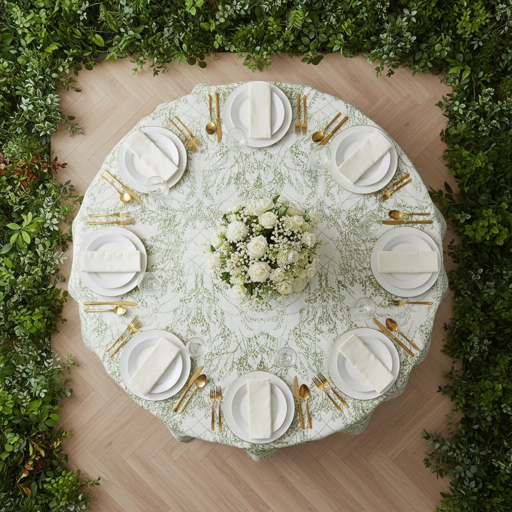 Leaf Branch Jacquard Tablecloth 132" Round - Reversed Olive Green Overhead shot