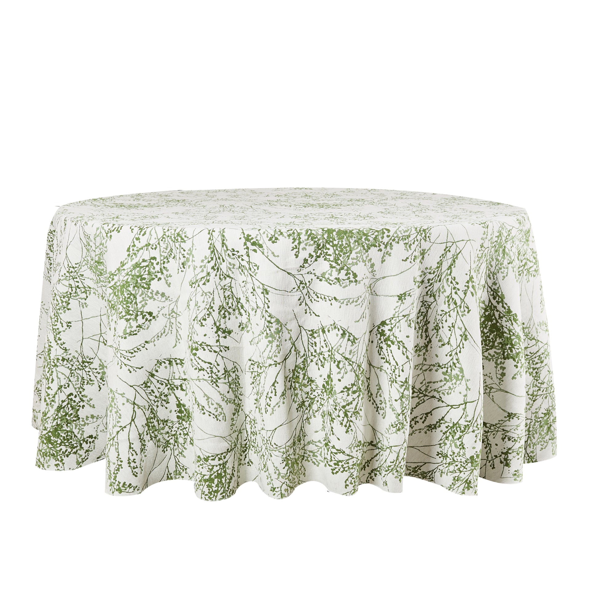 Leaf Branch Jacquard Tablecloth 132" Round - Reversed Olive Green White backrgound