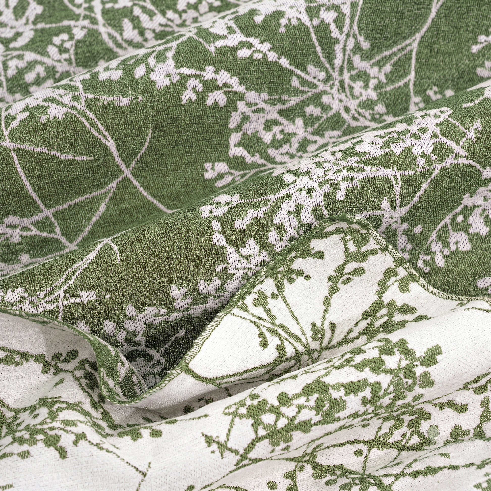 Leaf Branch Reversible Jacquard Olive Green fabric close up