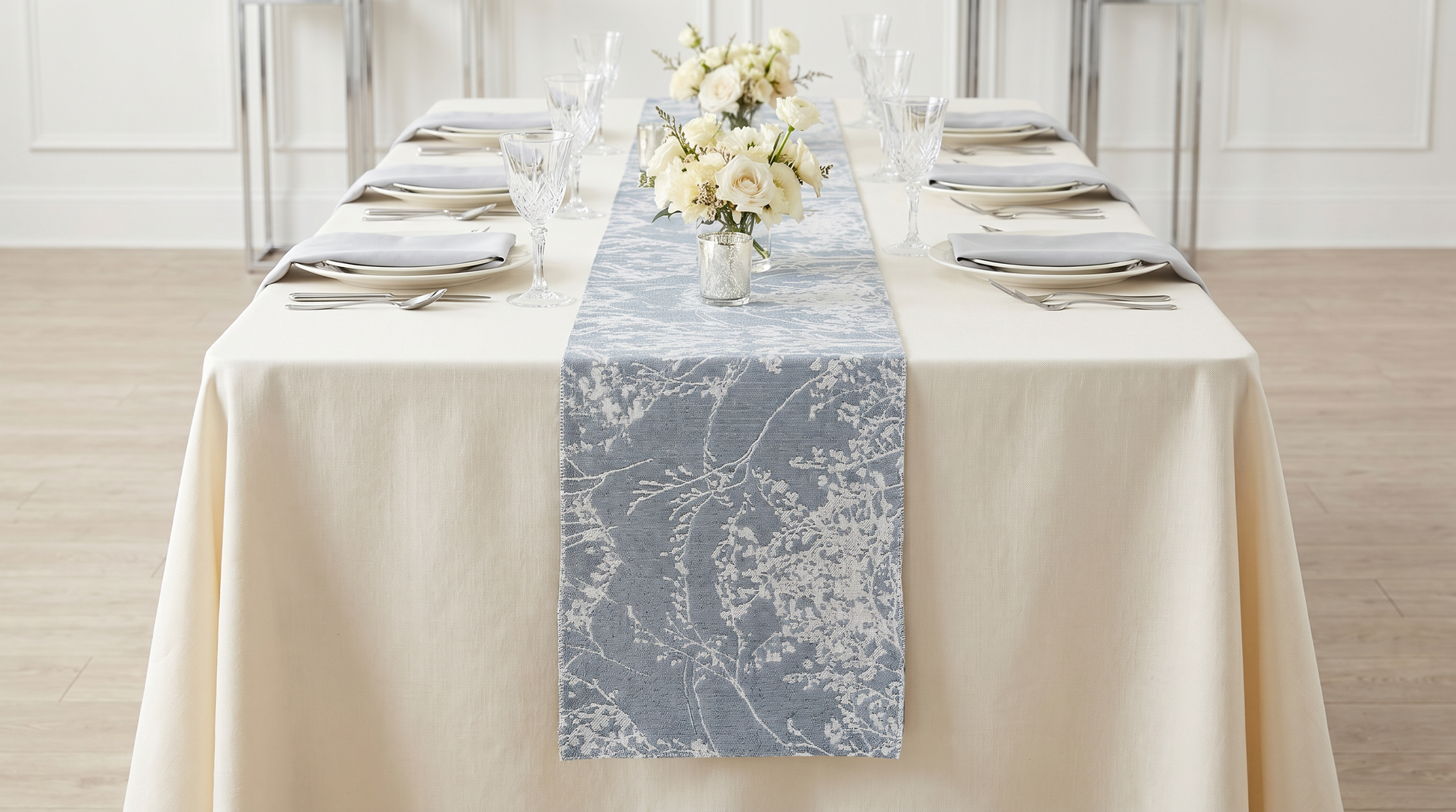 Leaf Branch Reversible Jacquard Table Runner - Dusty Blue - Front View