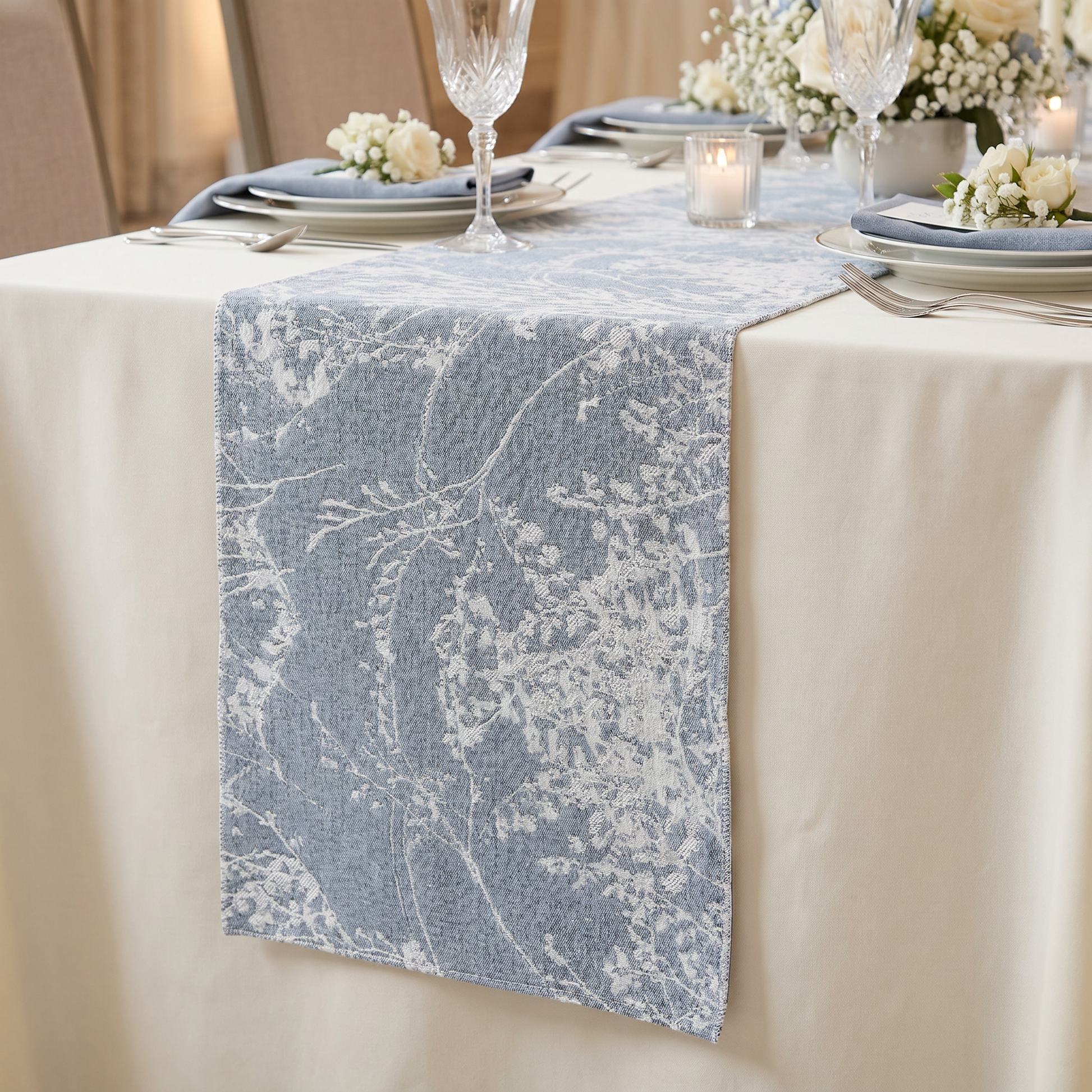 Leaf Branch Reversible Jacquard Table Runner - Dusty Blue - Lifestyle Close Up