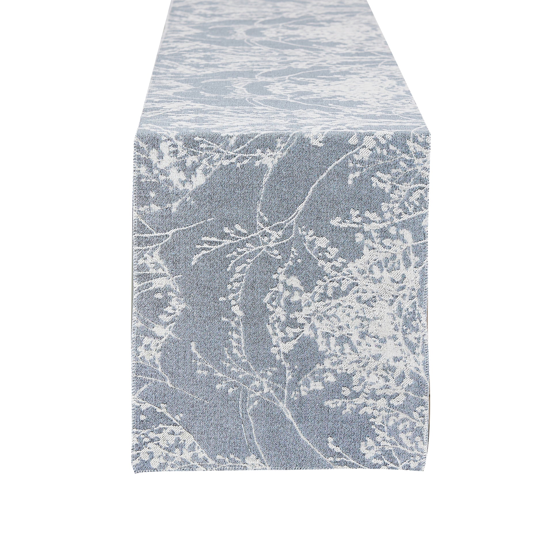 Leaf Branch Reversible Jacquard Table Runner - Dusty Blue - White background