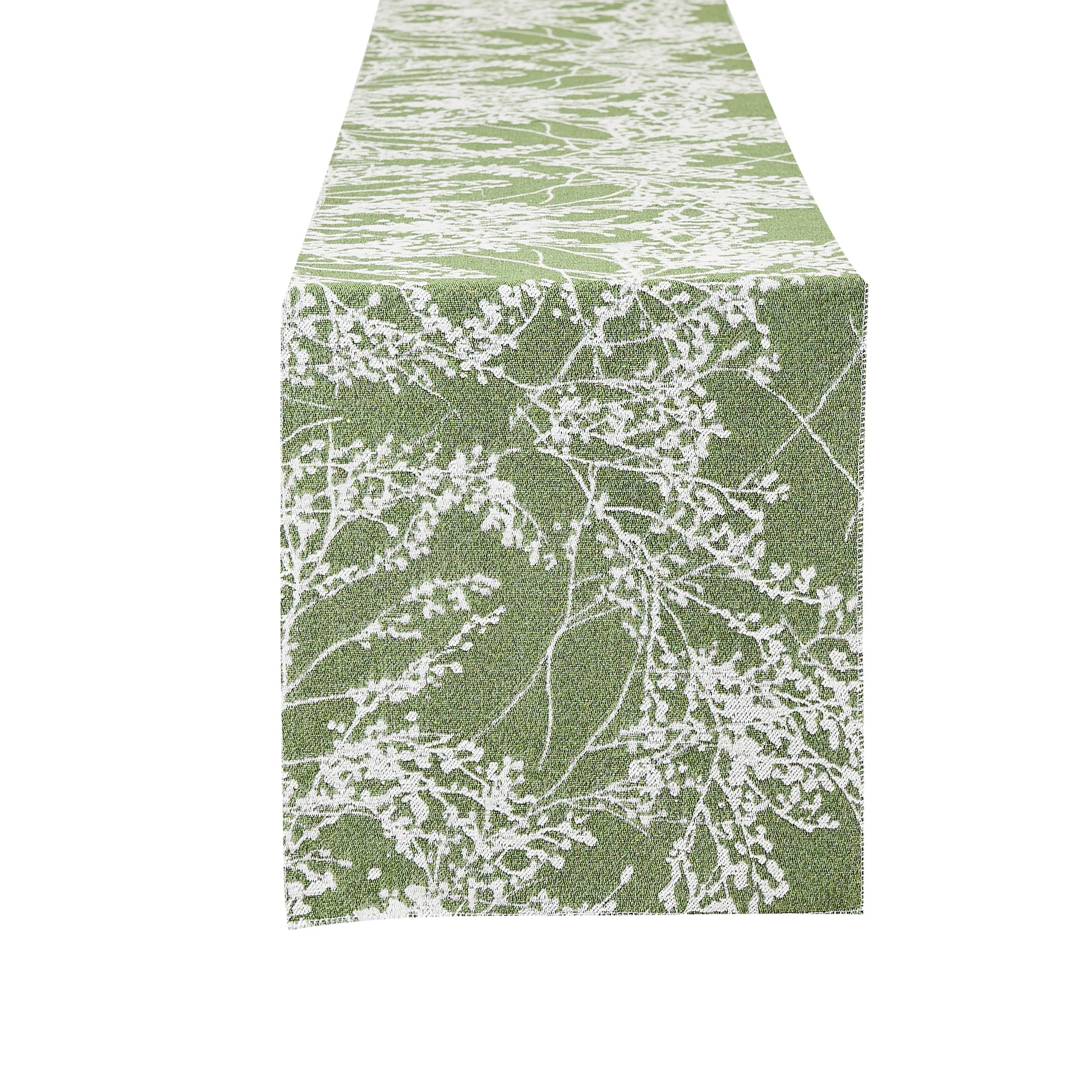 Leaf Branch Reversible Jacquard Table Runner - Olive Green White background