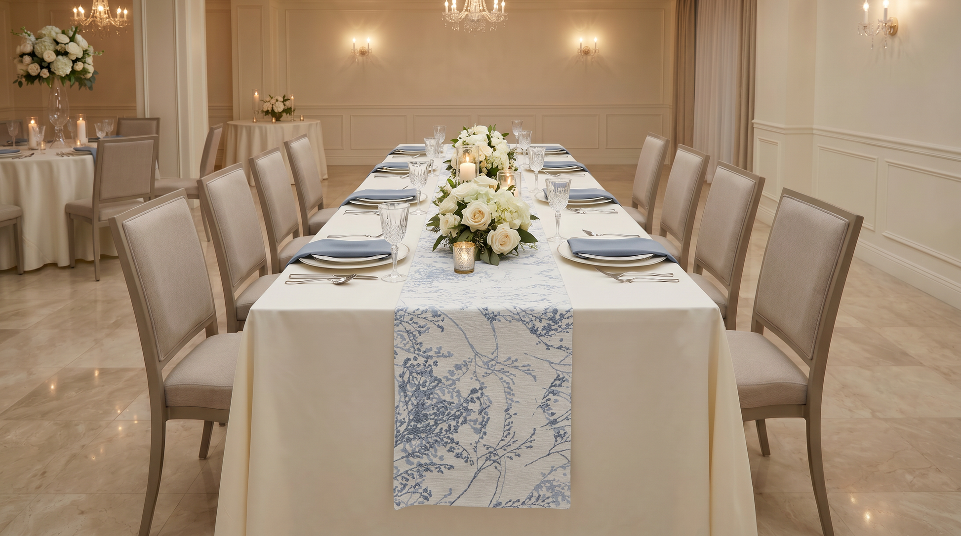 Leaf Branch Reversible Jacquard Table Runner - Reversed Dusty Blue - Front View