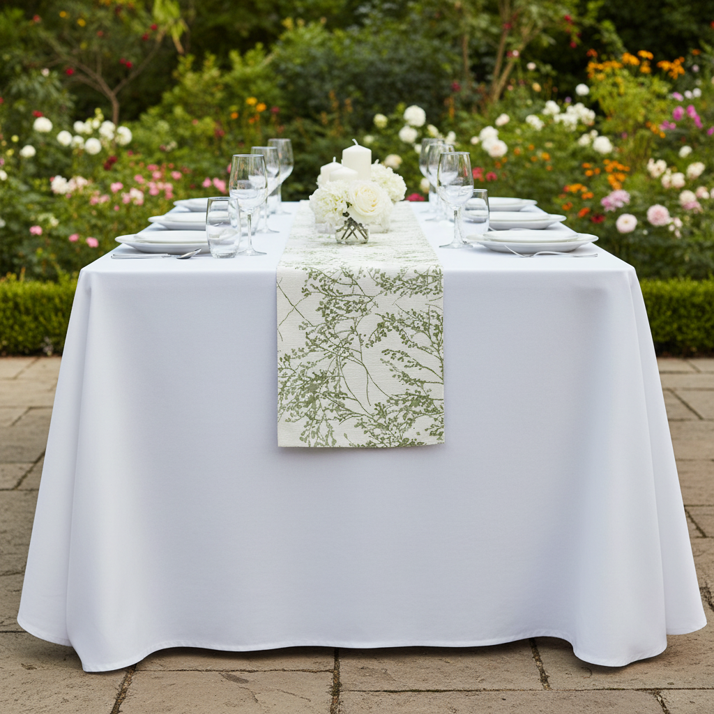 Leaf Branch Reversible Jacquard Table Runner - Reversed Olive Green Front View