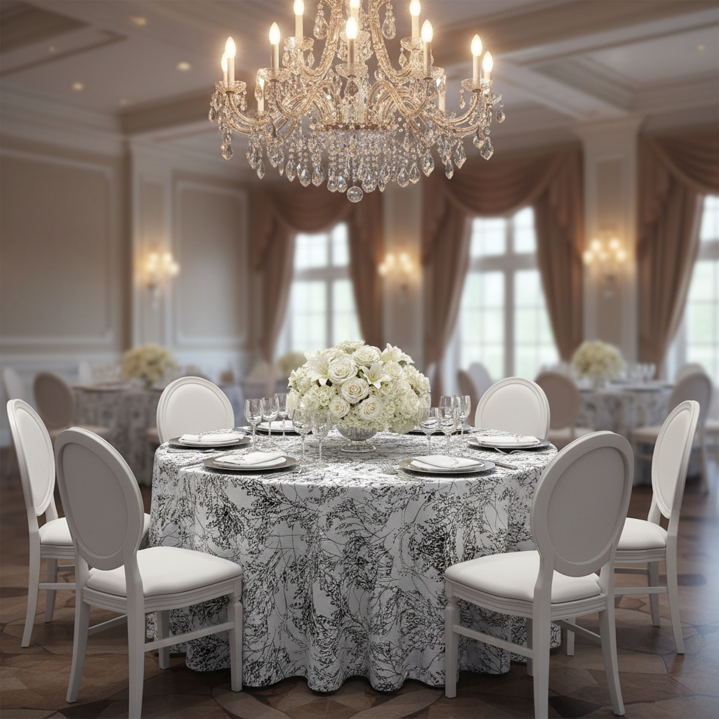 Leaf Branch Reversible Jacquard Tablecloth 120" Round - Black