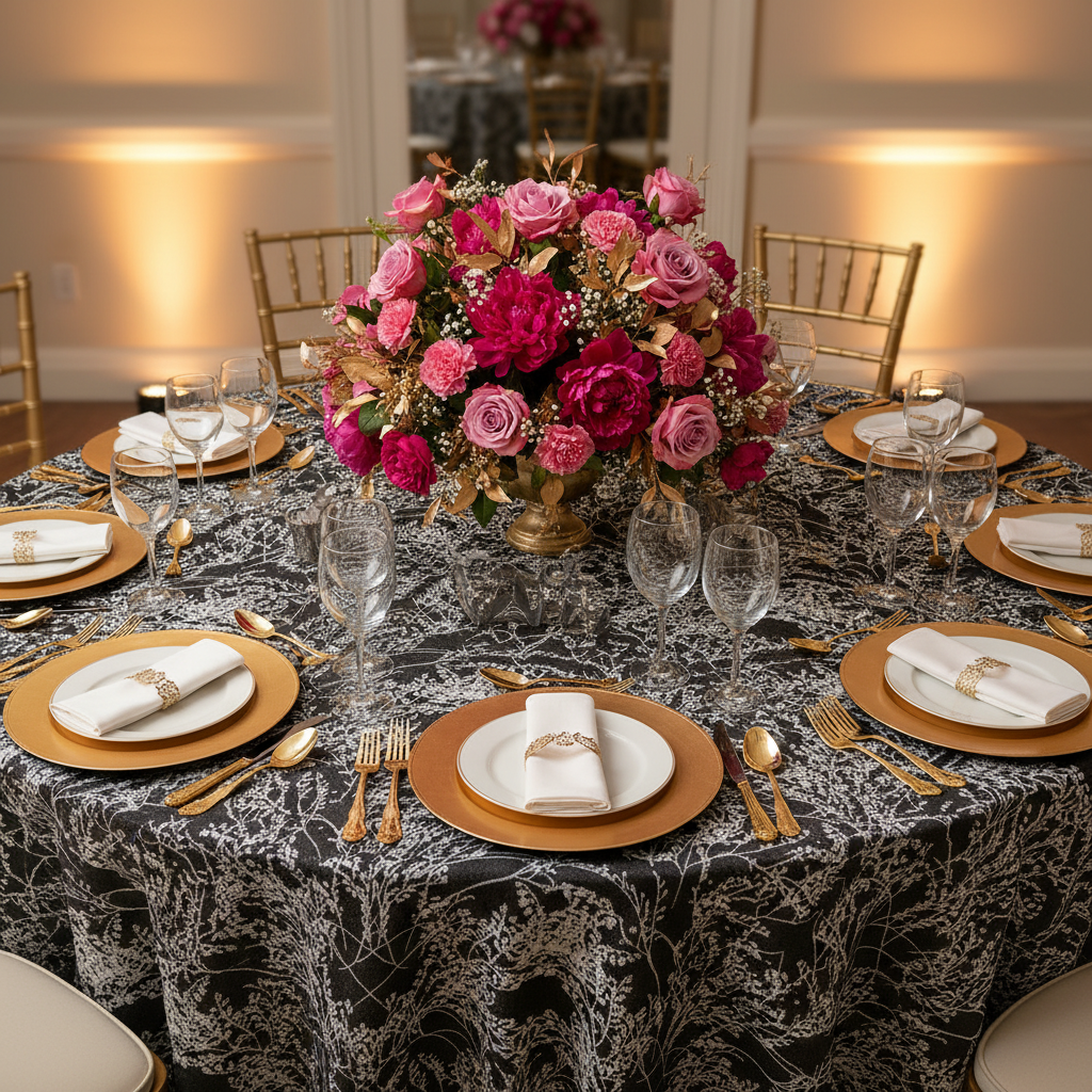 Leaf Branch Reversible Jacquard Tablecloth 120" Round - Black