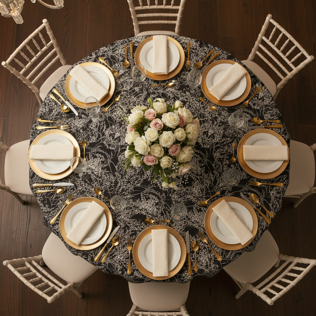 Leaf Branch Reversible Jacquard Tablecloth 120" Round - Black