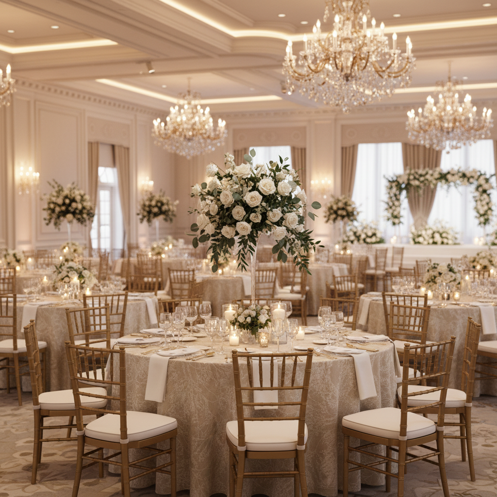 indoor wedding reception with Leaf Branch Reversible Jacquard Tablecloth 120" Round  - Champagne