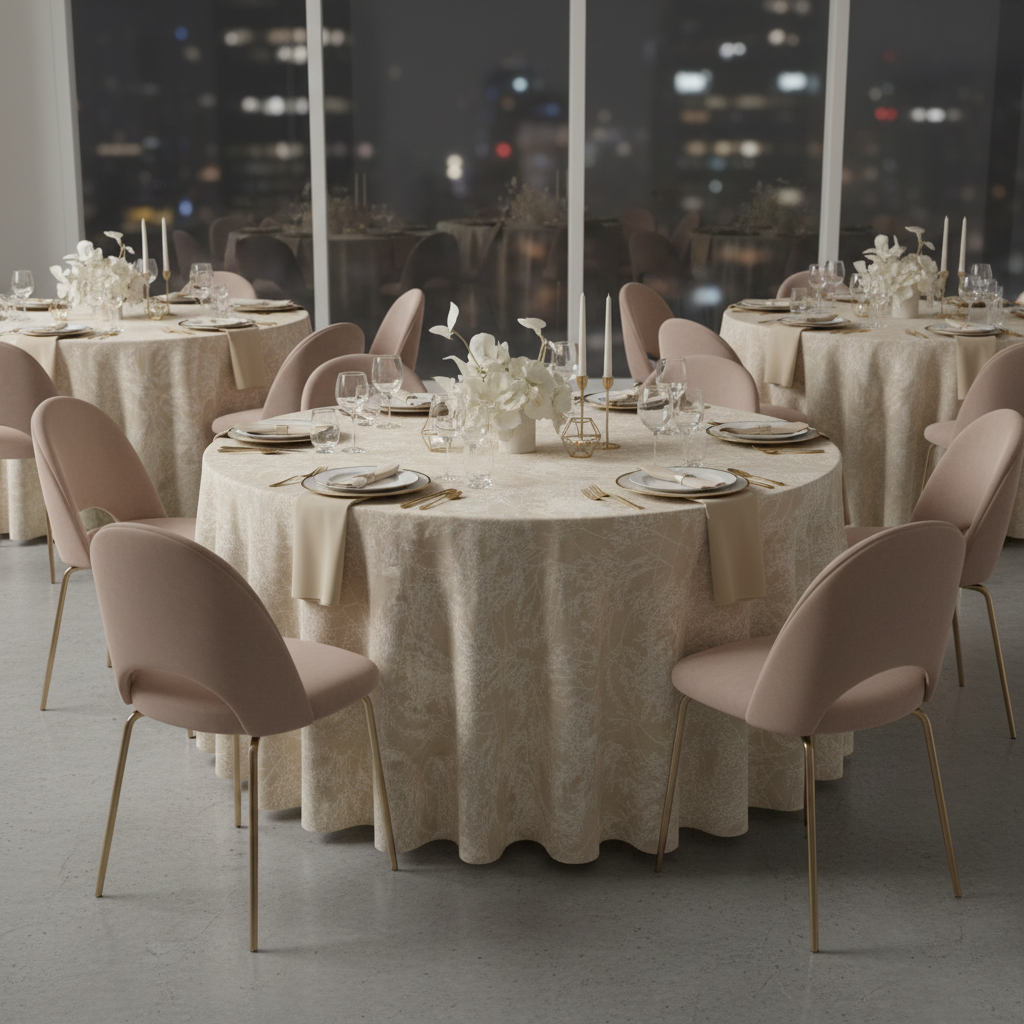 minimalist anniversary table setup with Leaf Branch Reversible Jacquard Tablecloth 120" Round  - Champagne