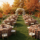 outdoor autumn wedding reception with Leaf Branch Reversible Jacquard Tablecloth 120" Round  - Rust