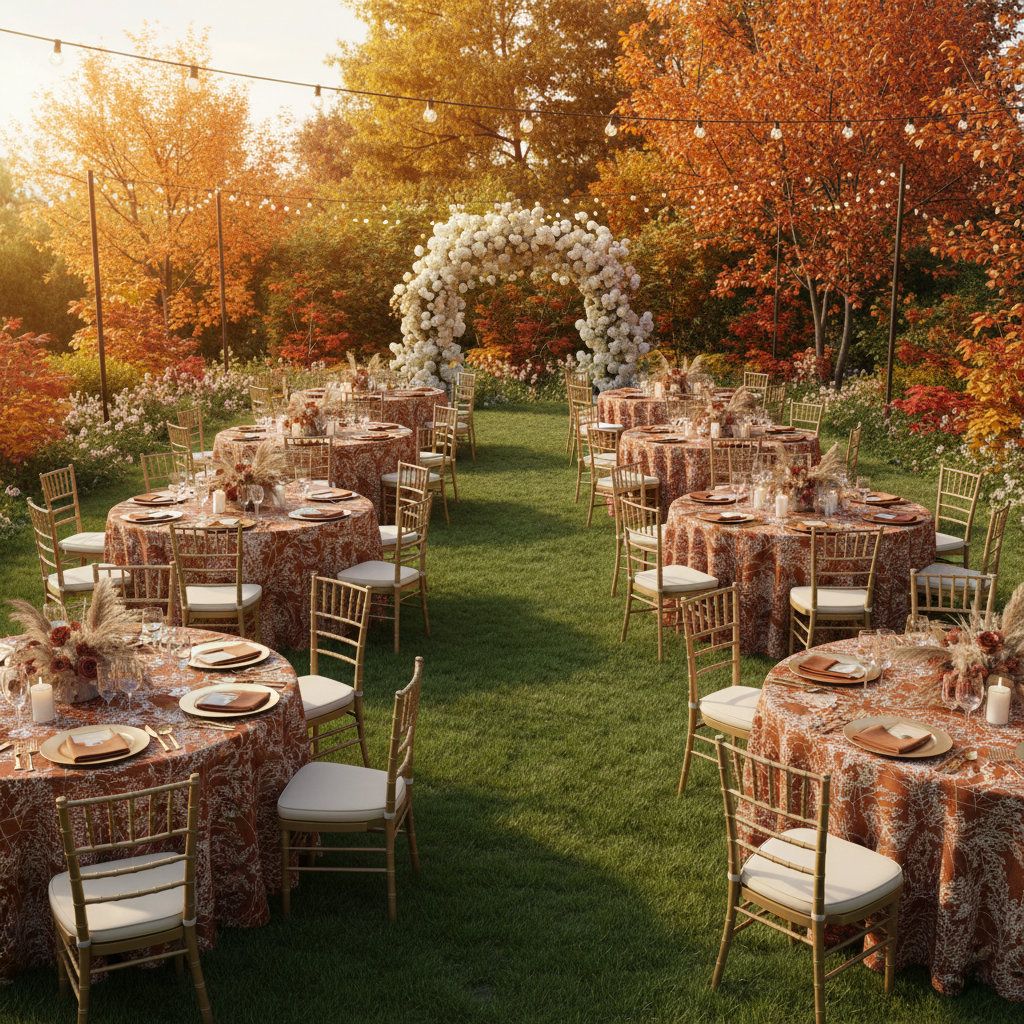 outdoor autumn wedding reception with Leaf Branch Reversible Jacquard Tablecloth 120" Round  - Rust