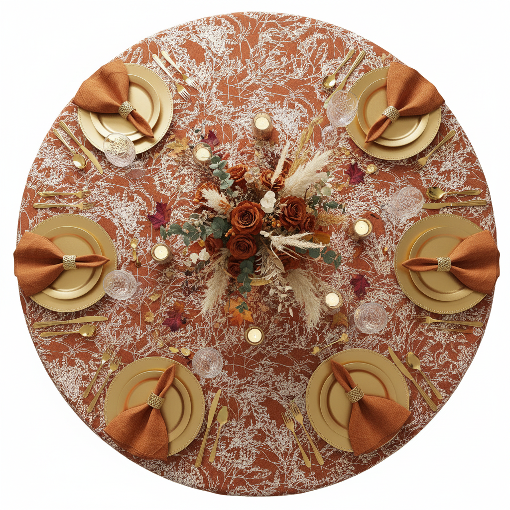 top view of Leaf Branch Reversible Jacquard Tablecloth 120" Round  - Rust