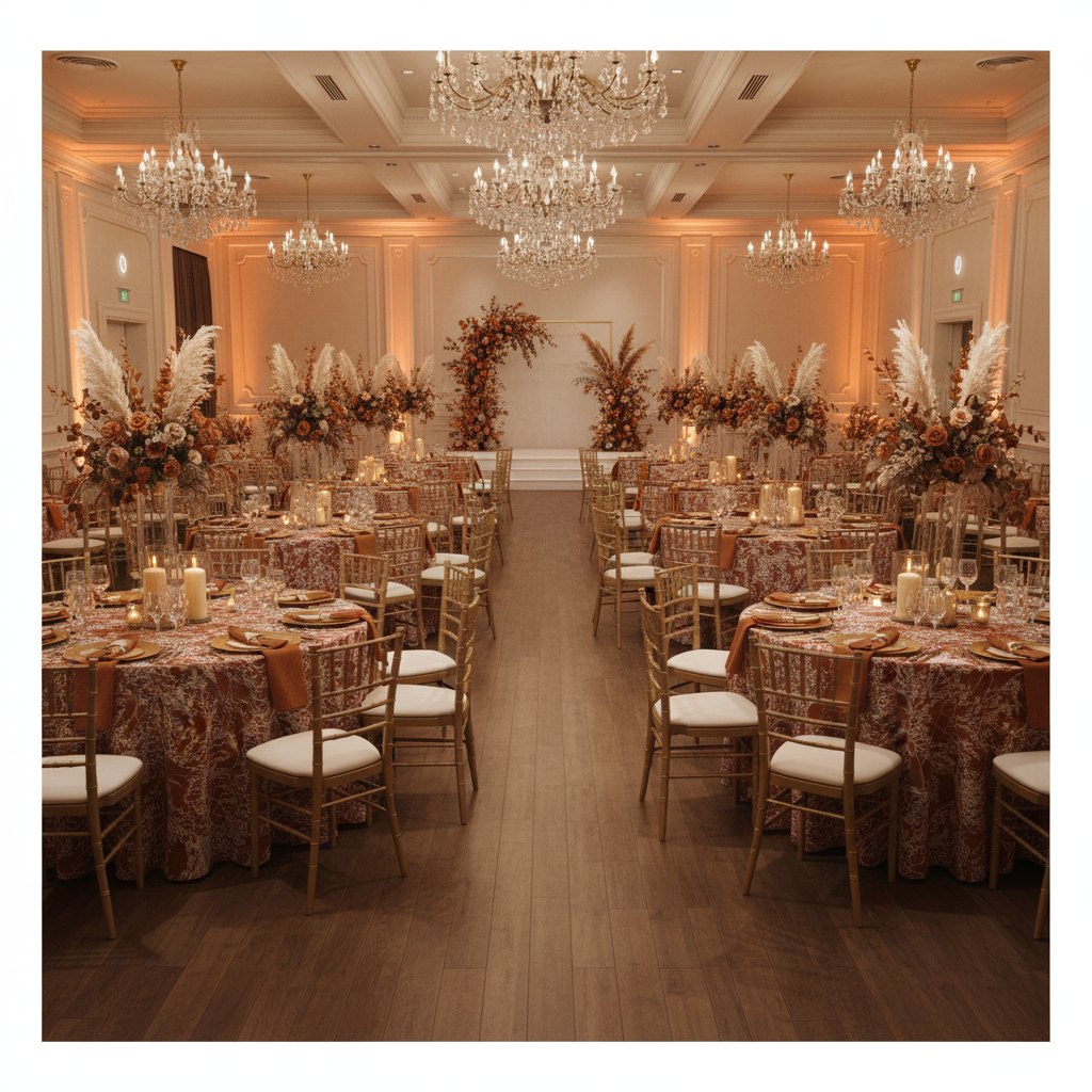fall wedding reception with Leaf Branch Reversible Jacquard Tablecloth 120" Round  - Rust