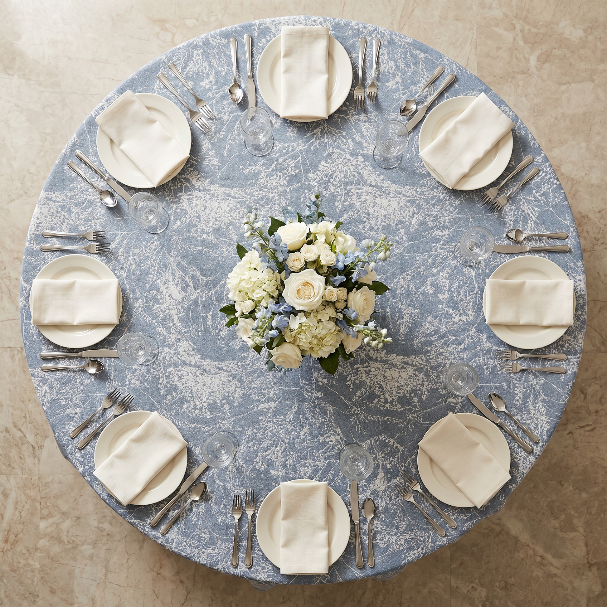 Leaf Branch Reversible Jacquard Tablecloth 120" Round  - Dusty Blue - Top view