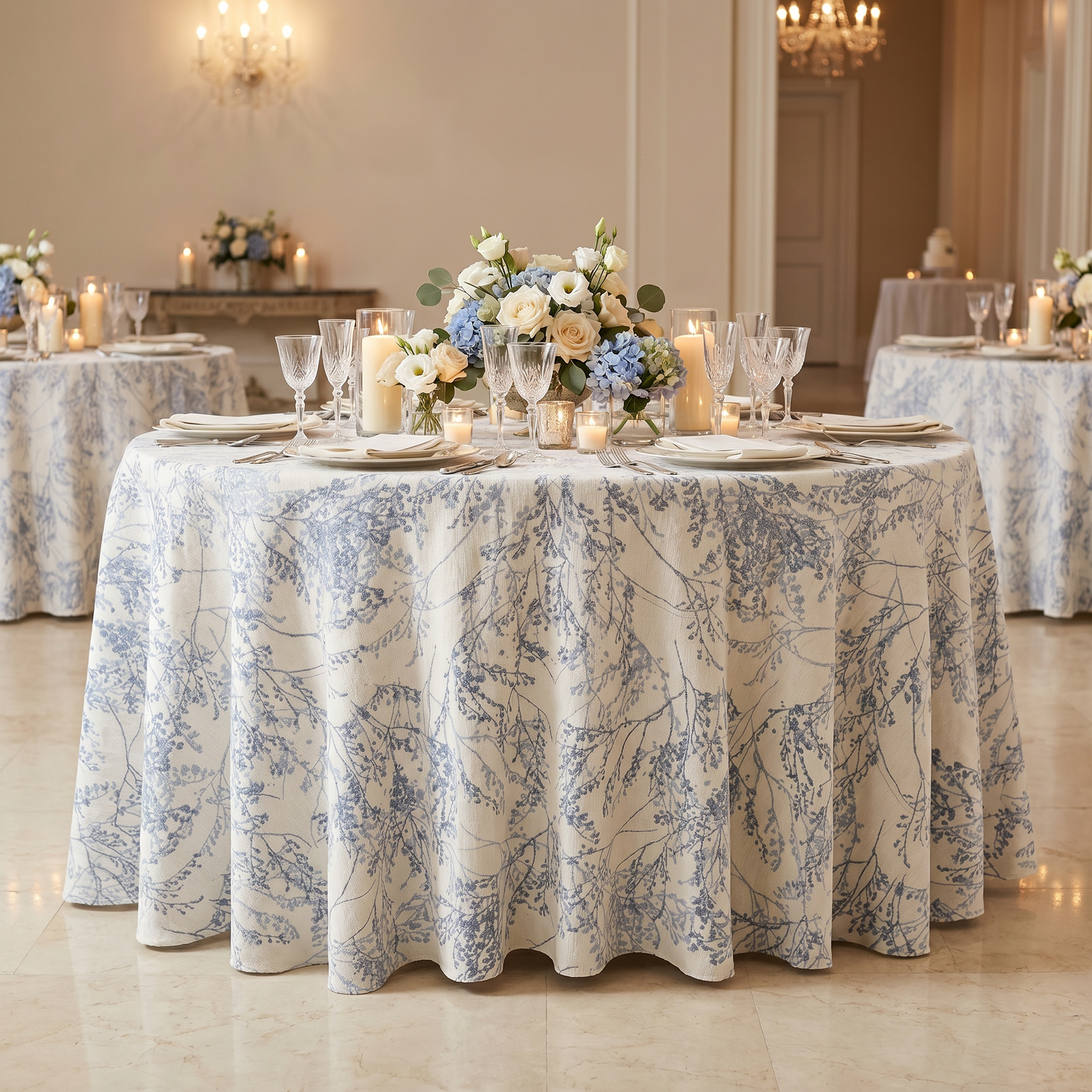 Leaf Branch Reversible Jacquard Tablecloth 120" Round  - Reversed Dusty Blue - Front View