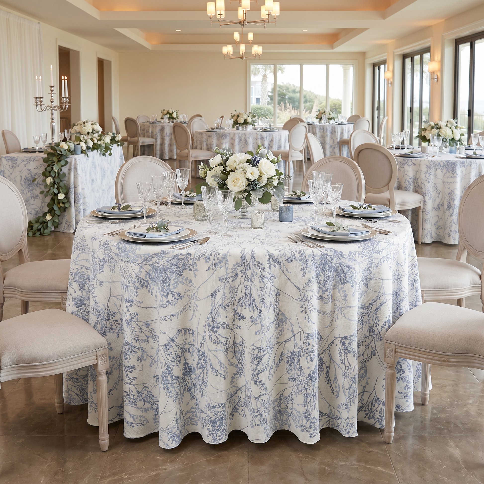 Leaf Branch Reversible Jacquard Tablecloth 120" Round  - Dusty Blue - Wedding Reception