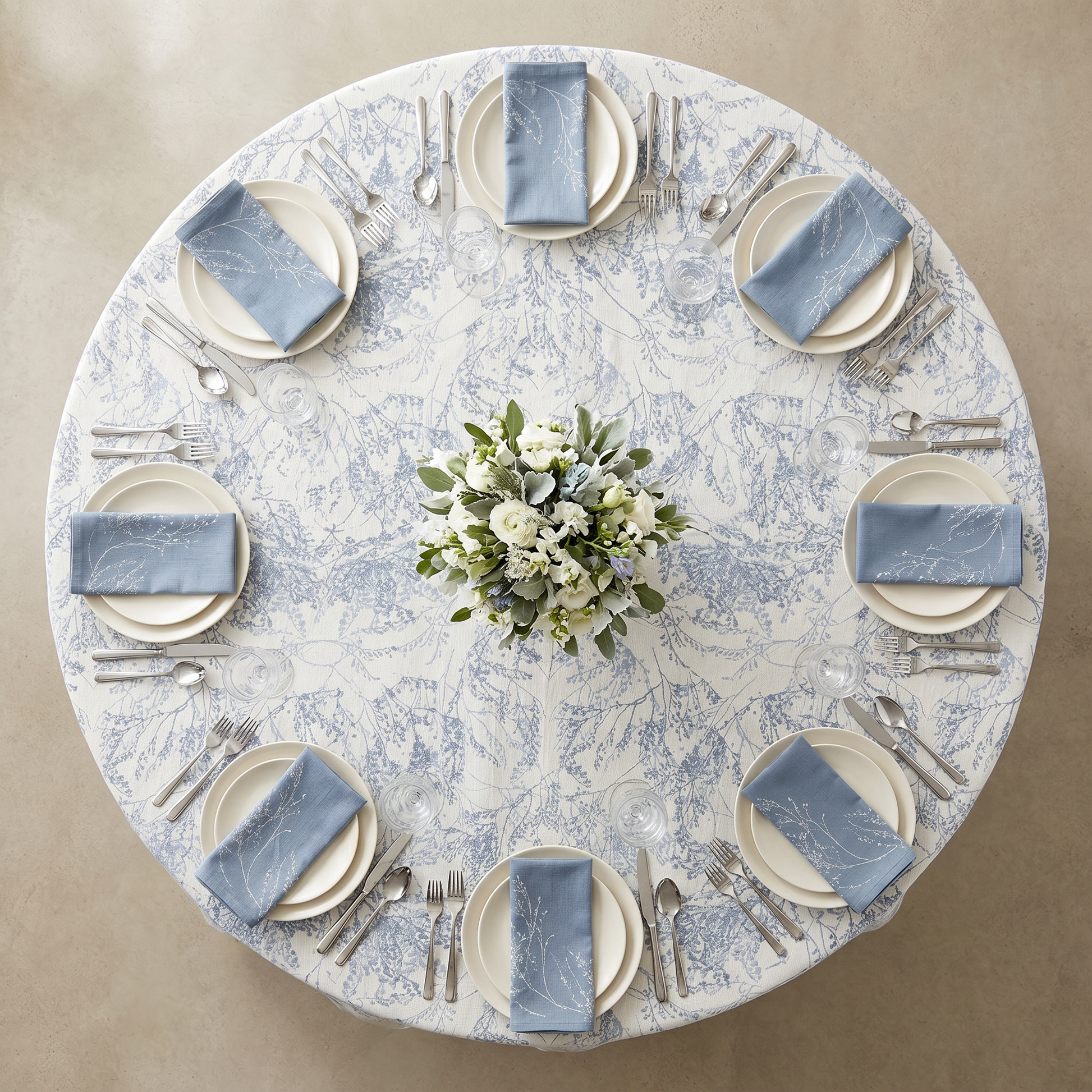 Leaf Branch Reversible Jacquard Tablecloth 132" Round  - Reversed Dusty Blue - Top View