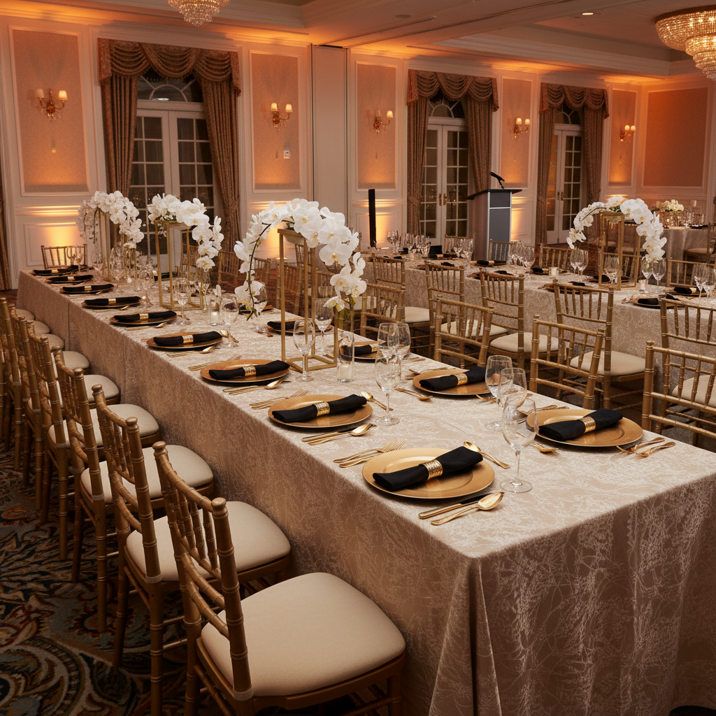 corporate gala with Leaf Branch Reversible Jacquard Tablecloth 90"x132" Rectangle  - Champagne
