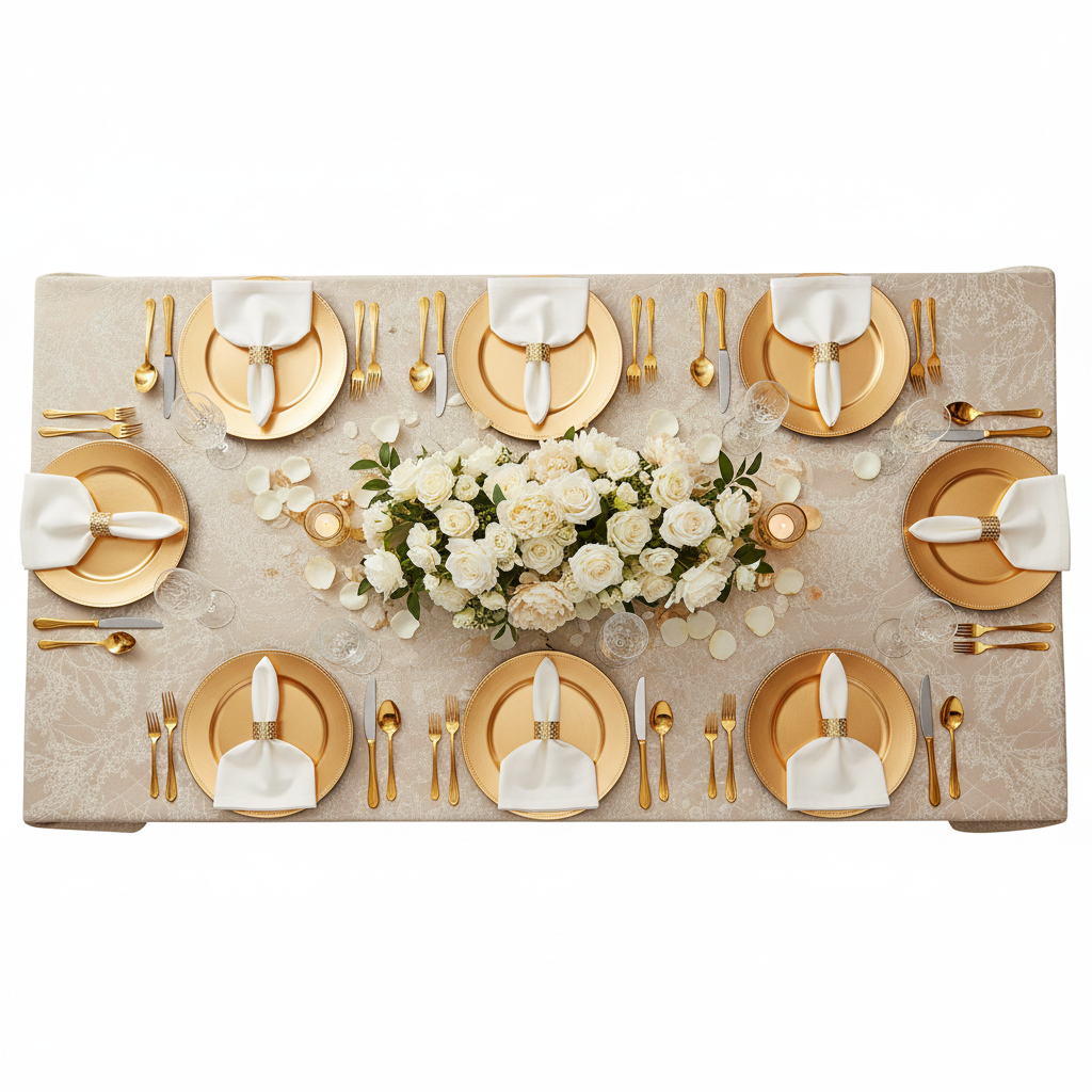 top view detail of Leaf Branch Reversible Jacquard Tablecloth 90"x132" Rectangle  - Champagne