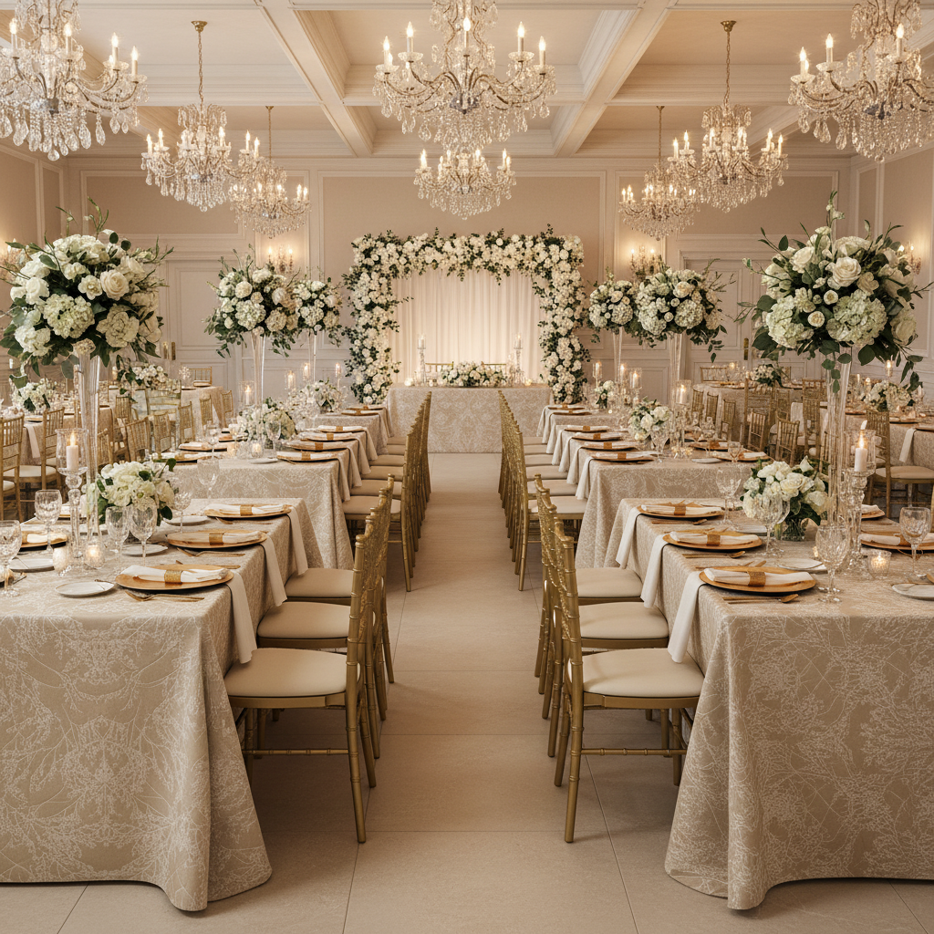 wedding reception with Leaf Branch Reversible Jacquard Tablecloth 90"x132" Rectangle  - Champagne