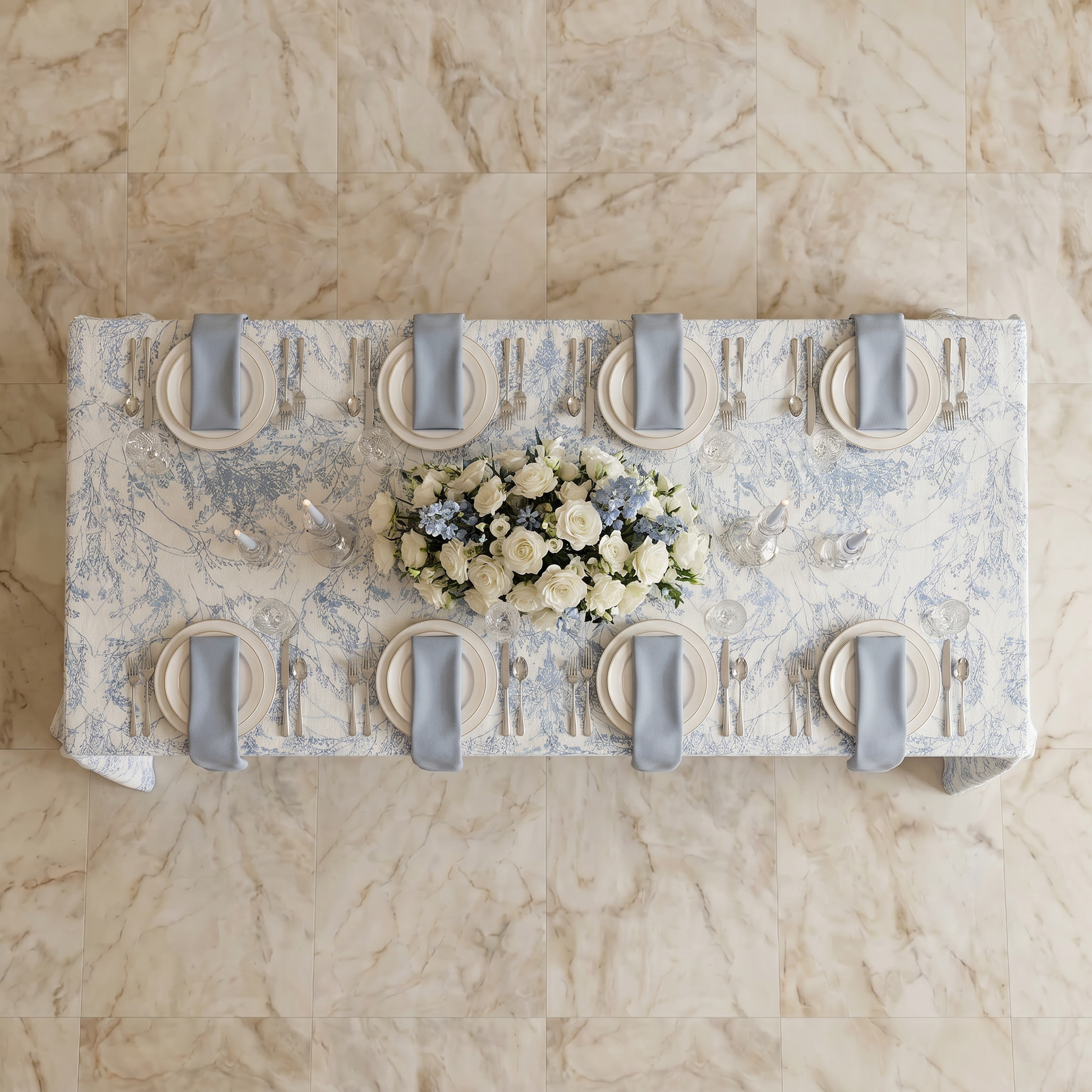 Leaf Branch Reversible Jacquard Tablecloth 90"x132" Rectangle - Reversed Dusty Blue Overhead shot