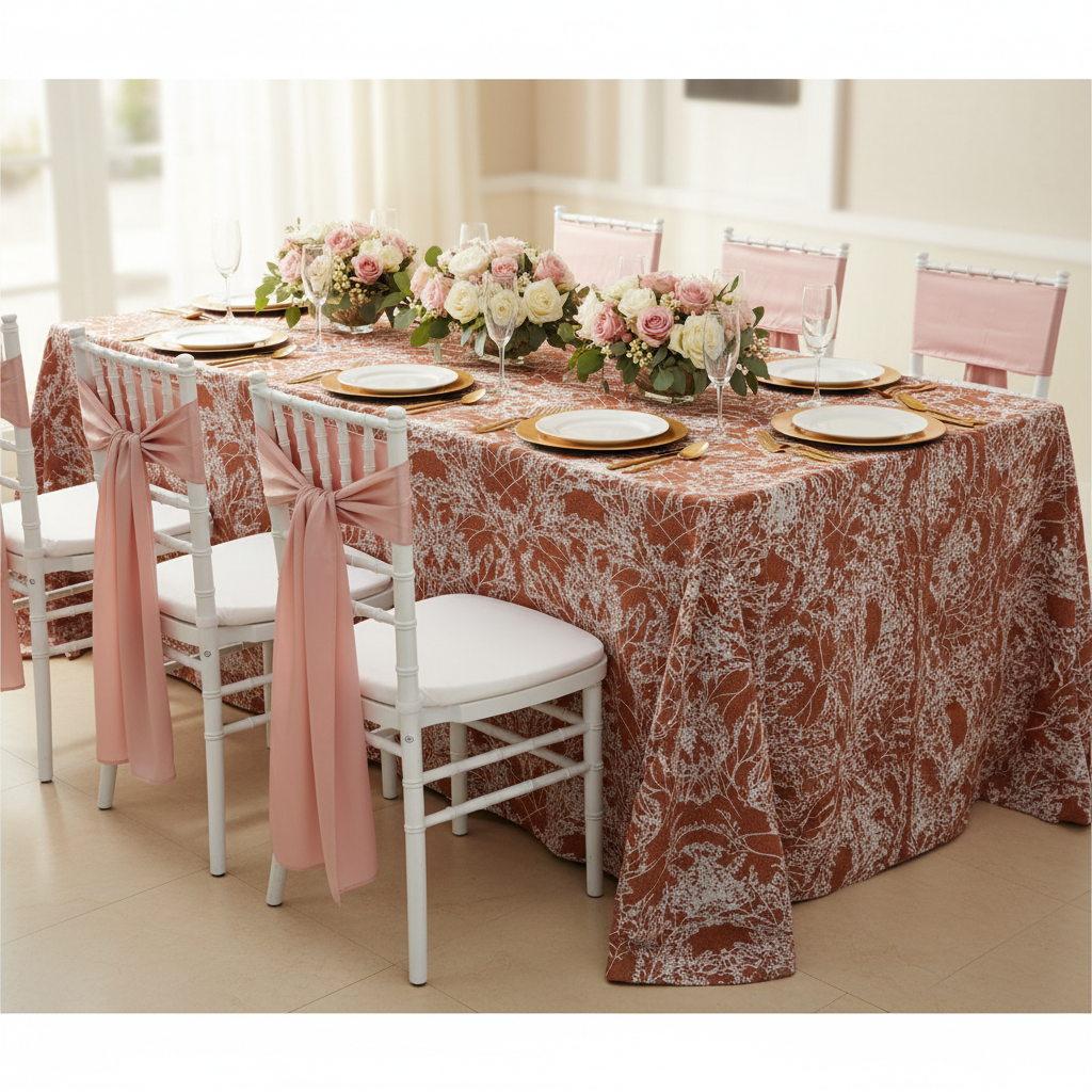 Leaf Branch Reversible Jacquard Tablecloth 90"x132" Rectangle  - Rust