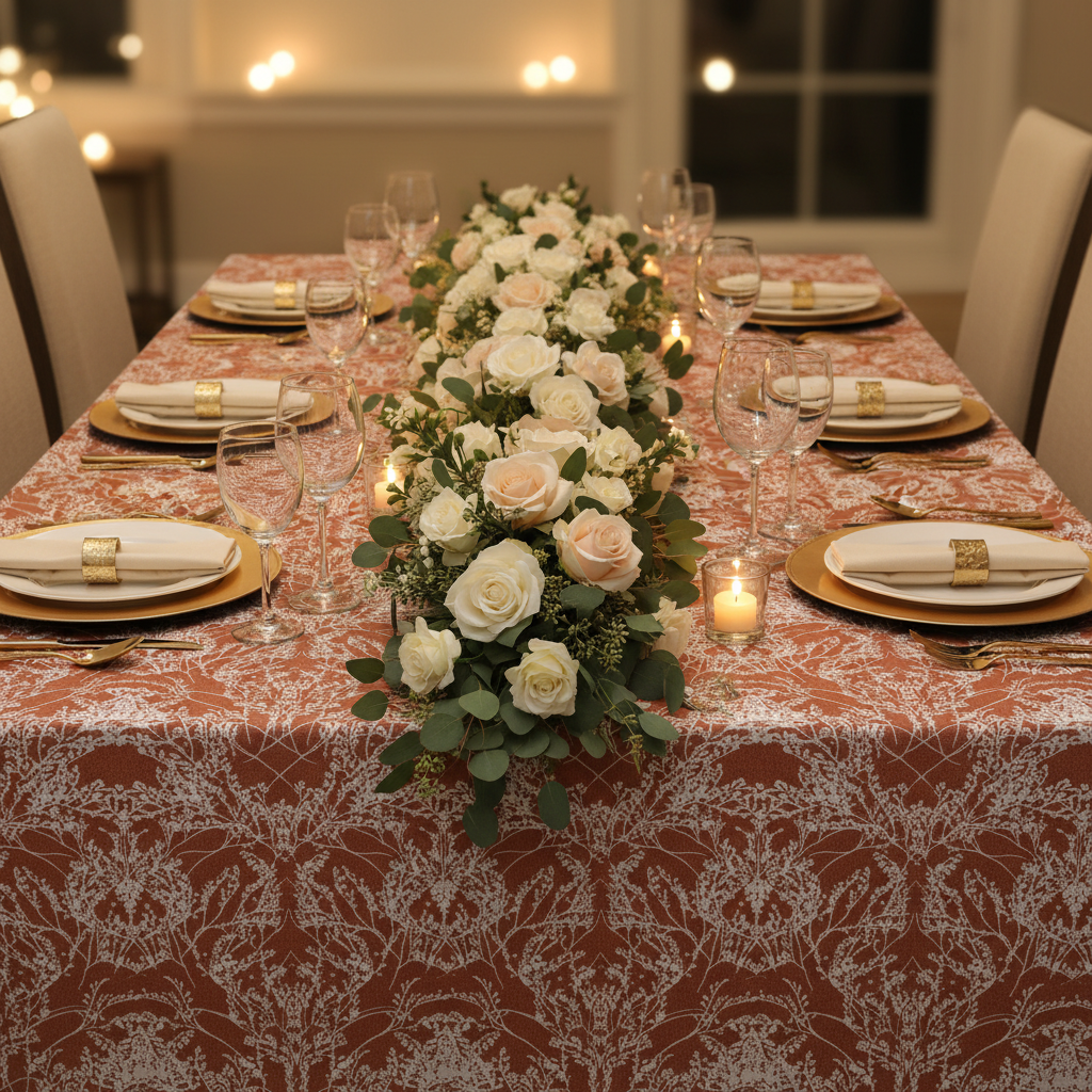 Leaf Branch Reversible Jacquard Tablecloth 90"x132" Rectangle  - Rust
