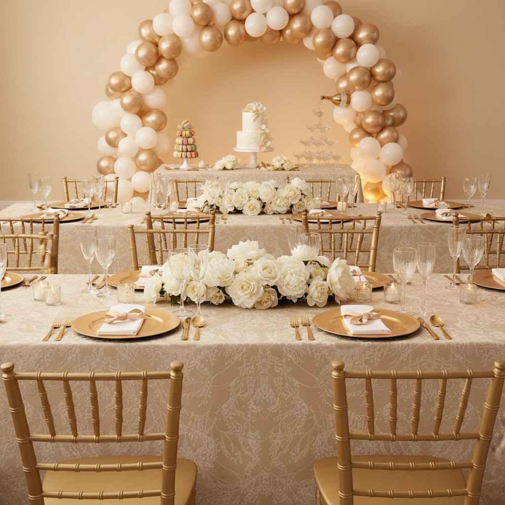 bridal shower with Leaf Branch Reversible Jacquard Tablecloth 90"x156" Rectangle  - Champagne