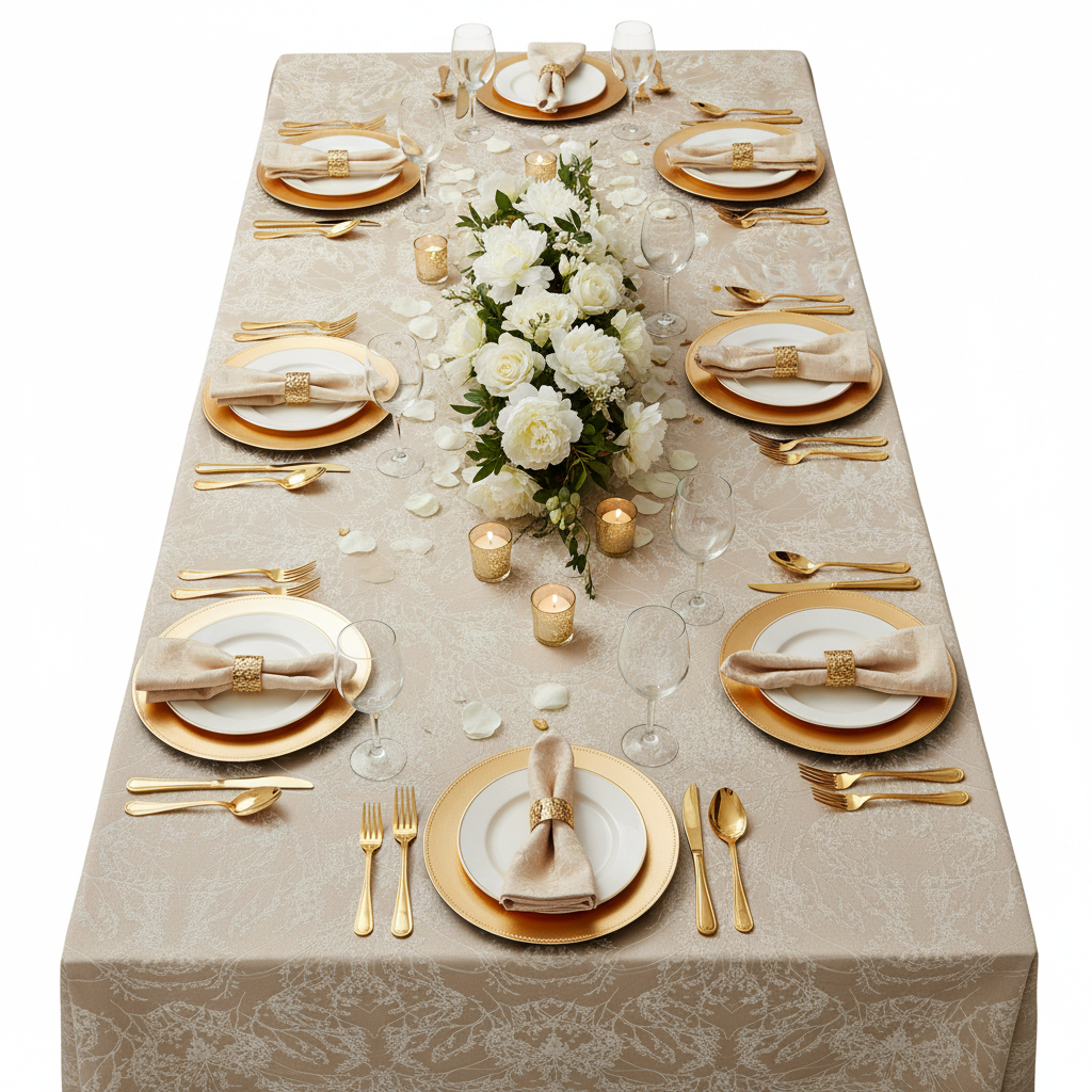 top view of Leaf Branch Reversible Jacquard Tablecloth 90"x156" Rectangle  - Champagne